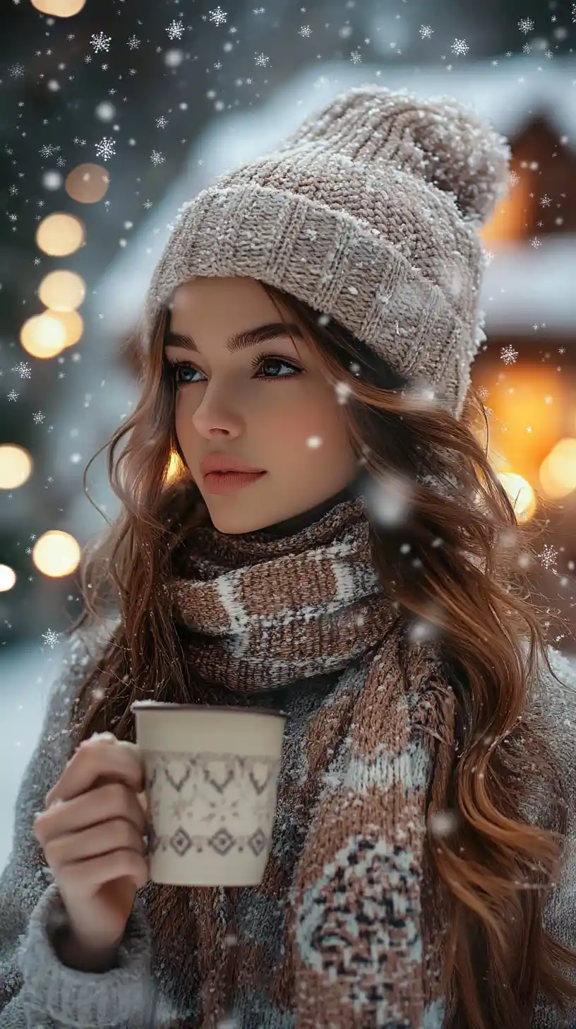 Jeune femme avec boisson chaude dans un paysage d’hiver enneigé
