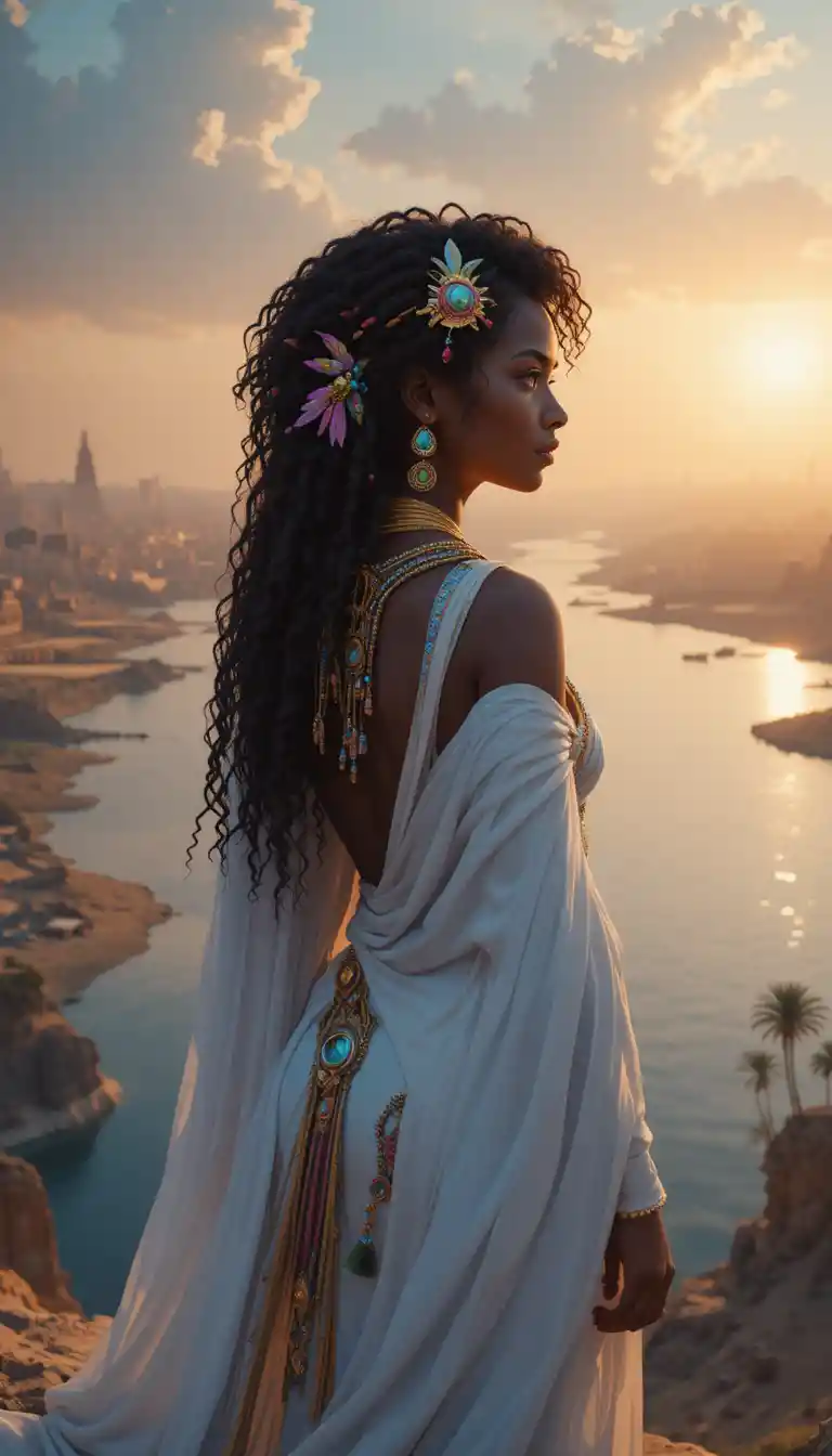 Young African woman by the Nile in golden sunlight