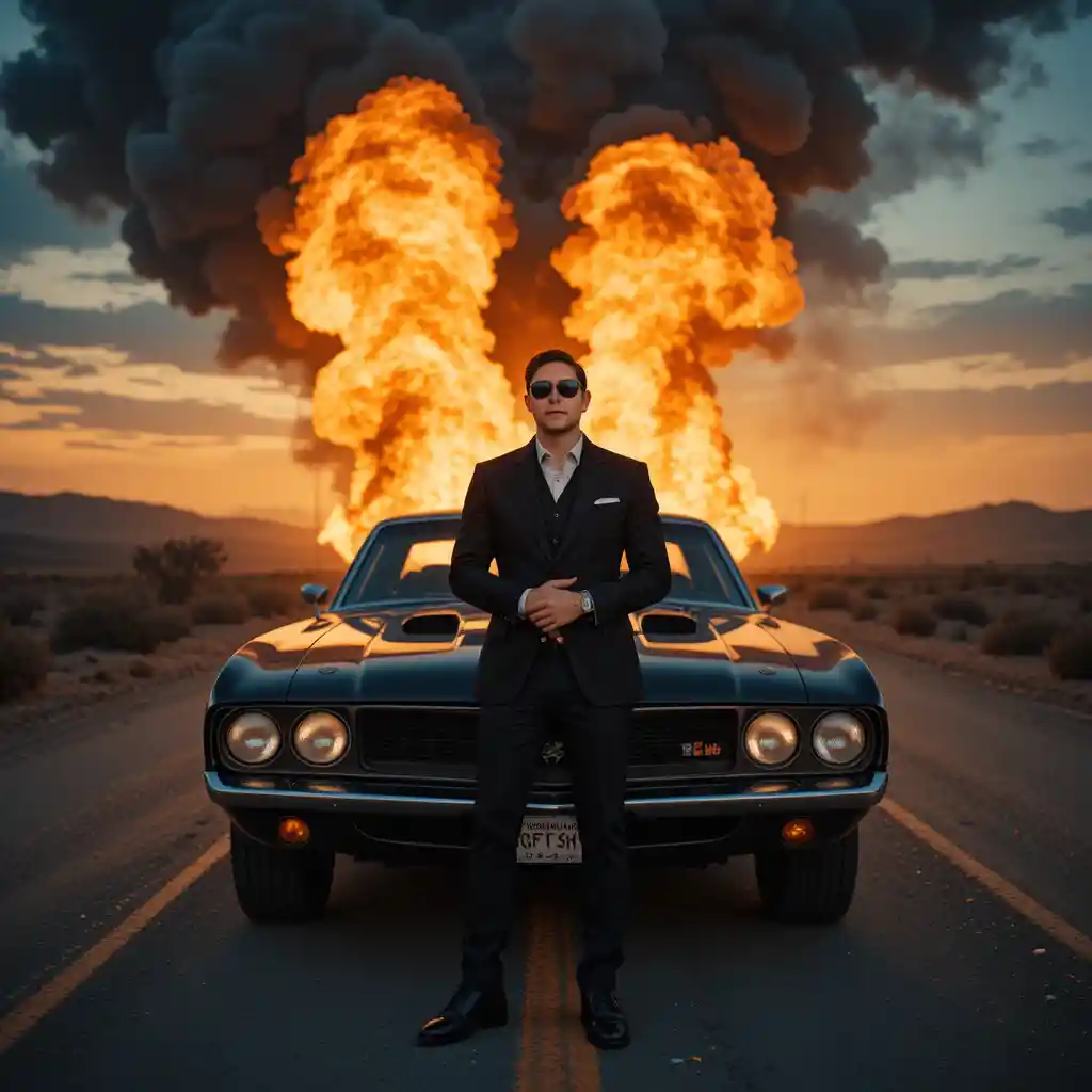 Man in black suit before burning muscle car at sunset