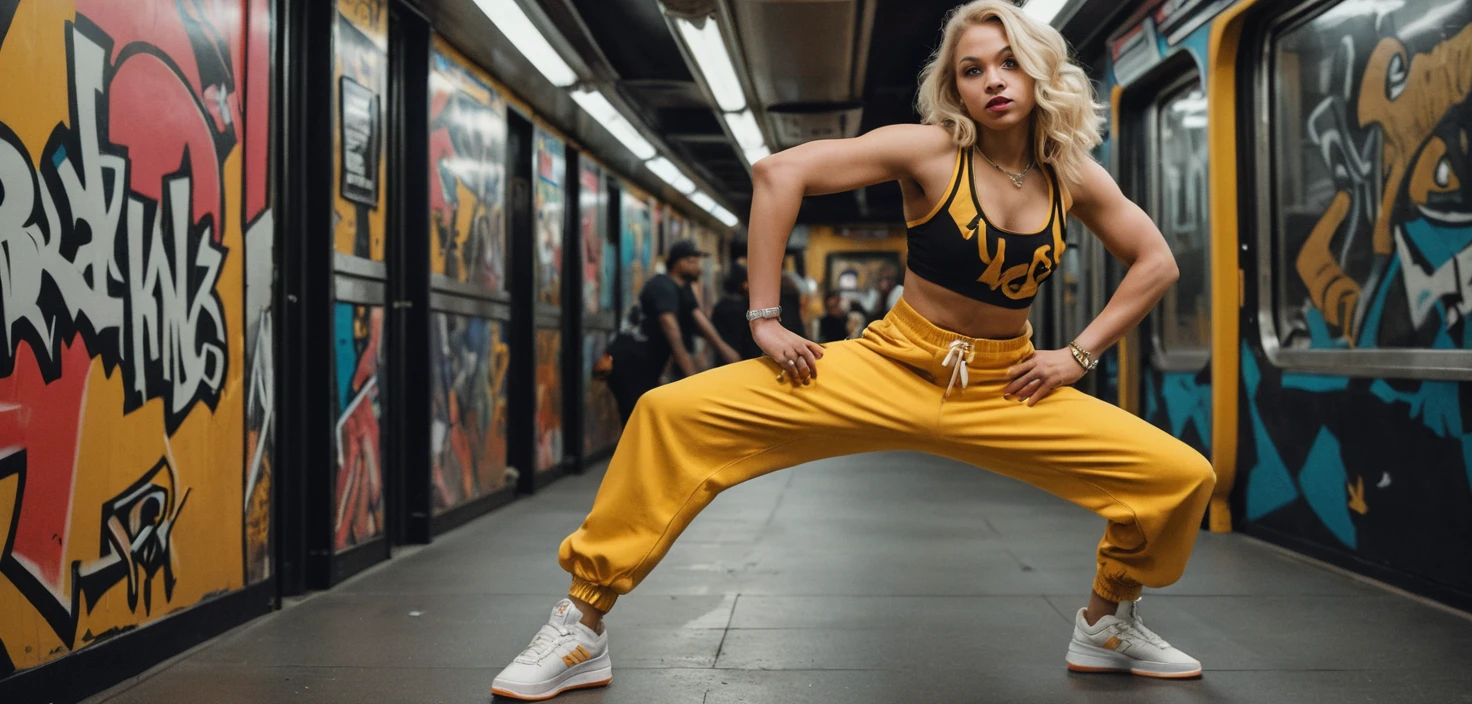 Mulher loira curvilínea fazendo breakdance no metrô de Nova York