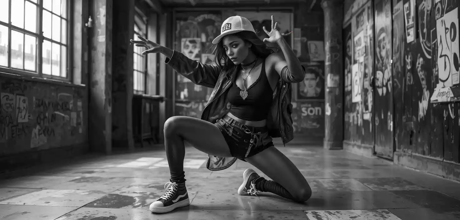 モノクロの都市シーンでブレイクダンスをするアフリカ系女性