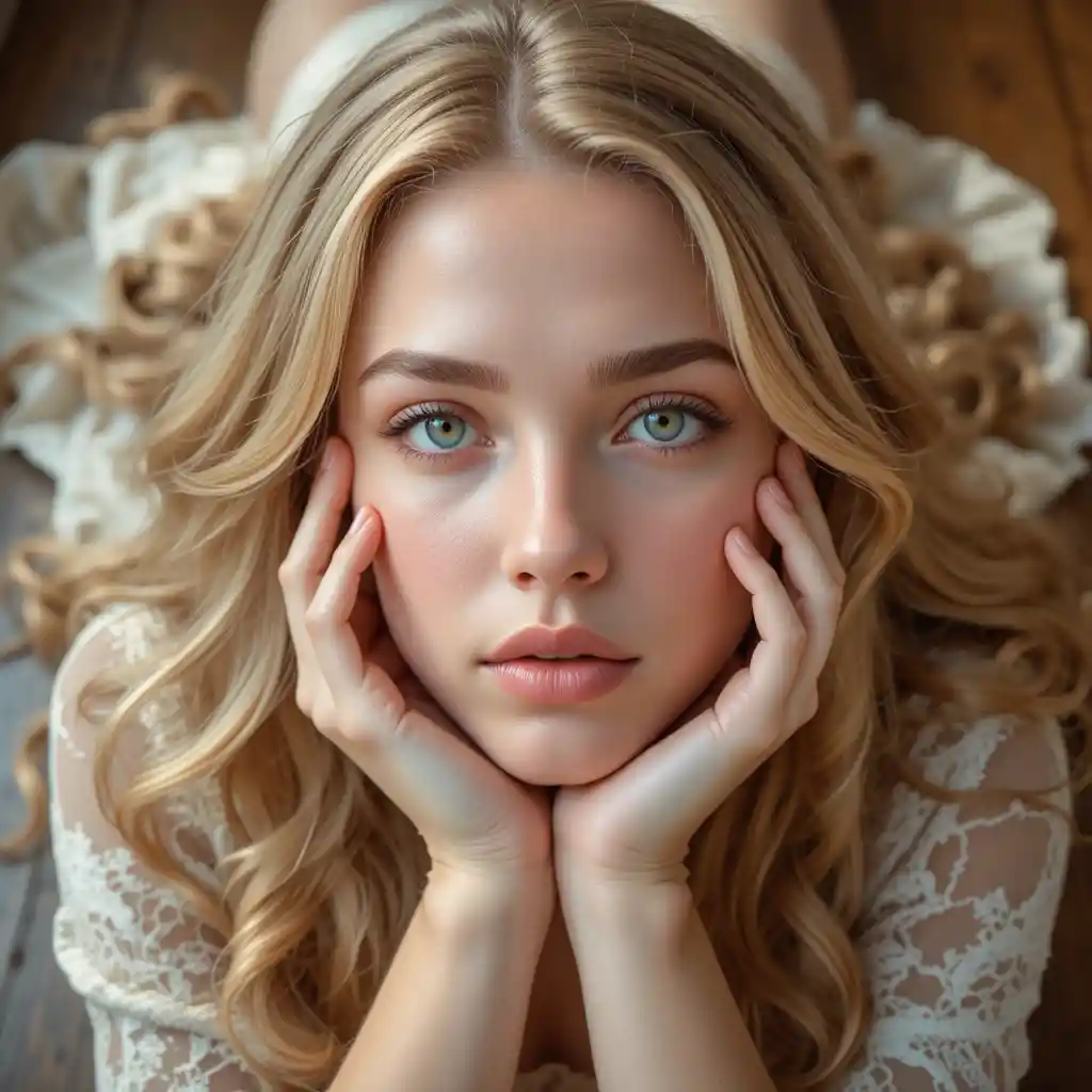 Thoughtful blonde girl lying on a sunlit wooden floor