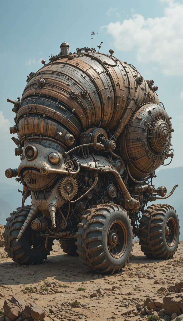 Monster truck steampunk fuso con un colossale guscio di lumaca