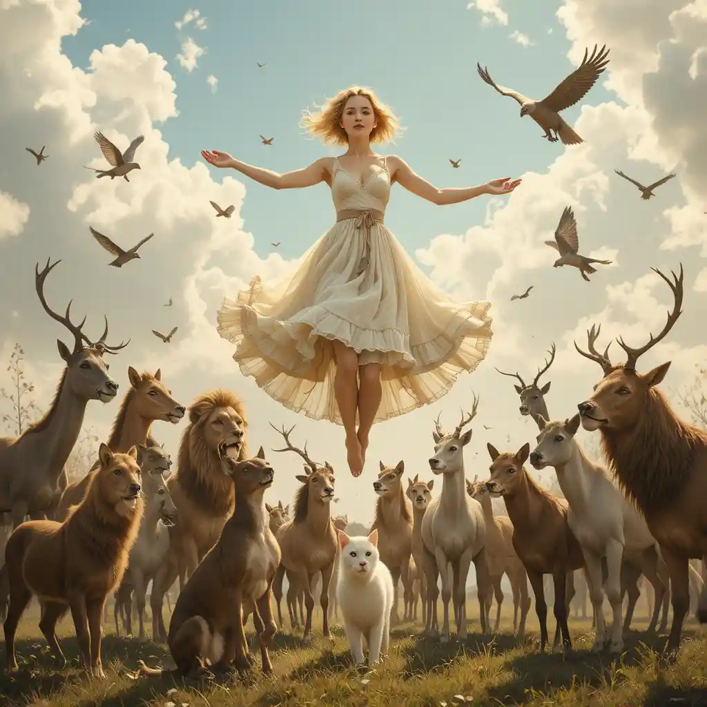 Woman rising into the sky with admiring animals