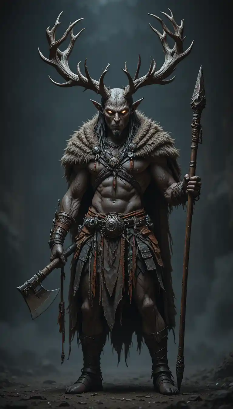 Stag headed warrior with glowing eyes in dark cloak