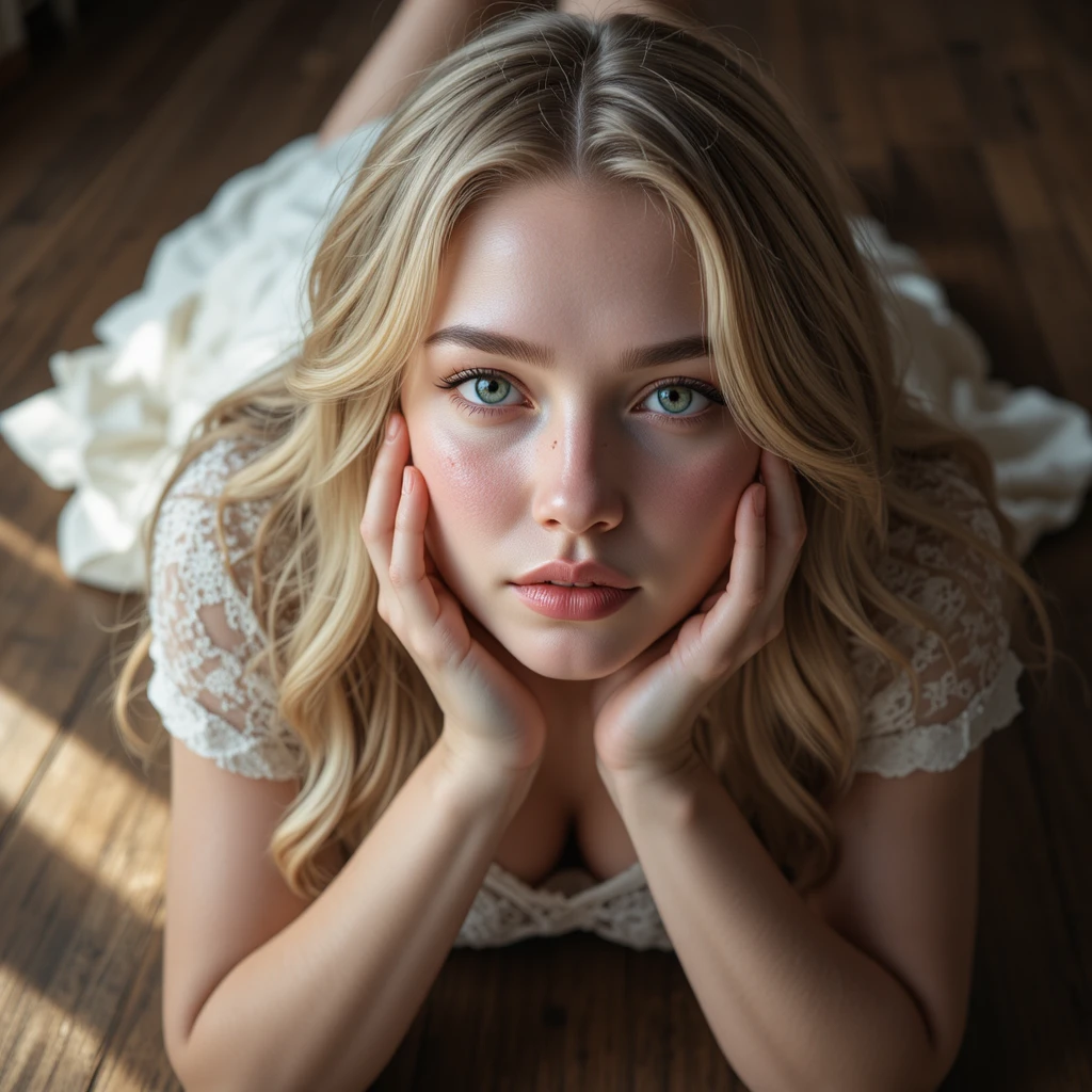 Young blonde woman lying on a sunlit wooden floor