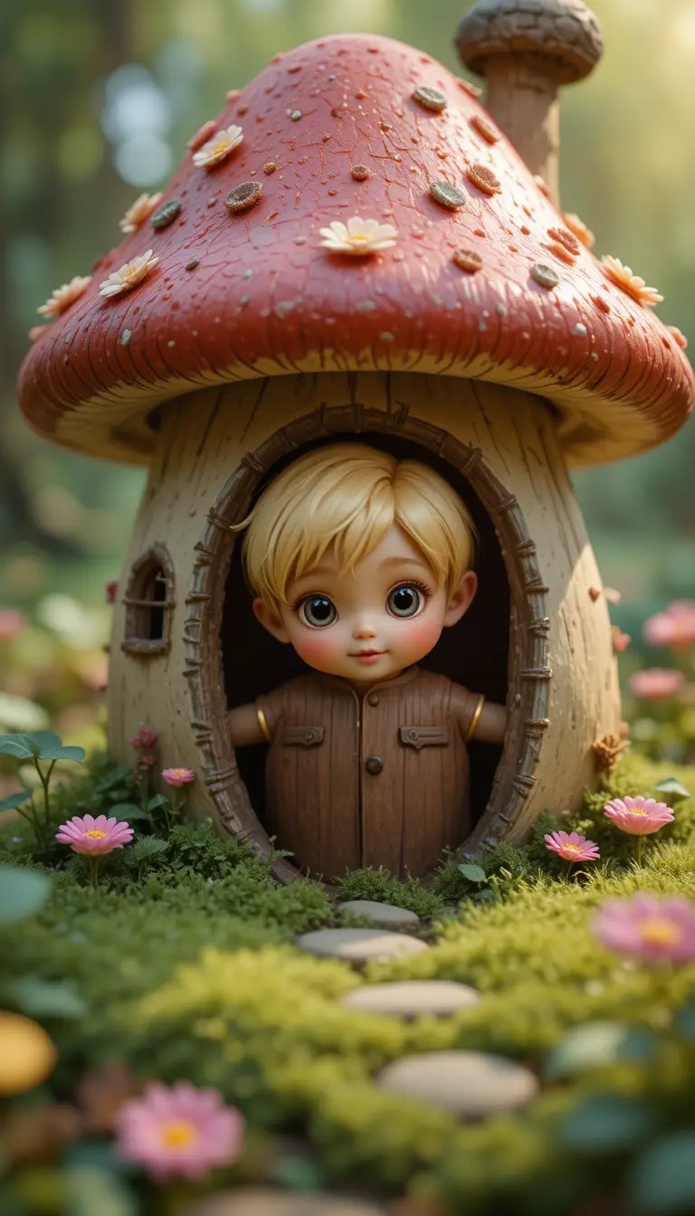 Cute baby fairy peeking from a tiny mushroom house