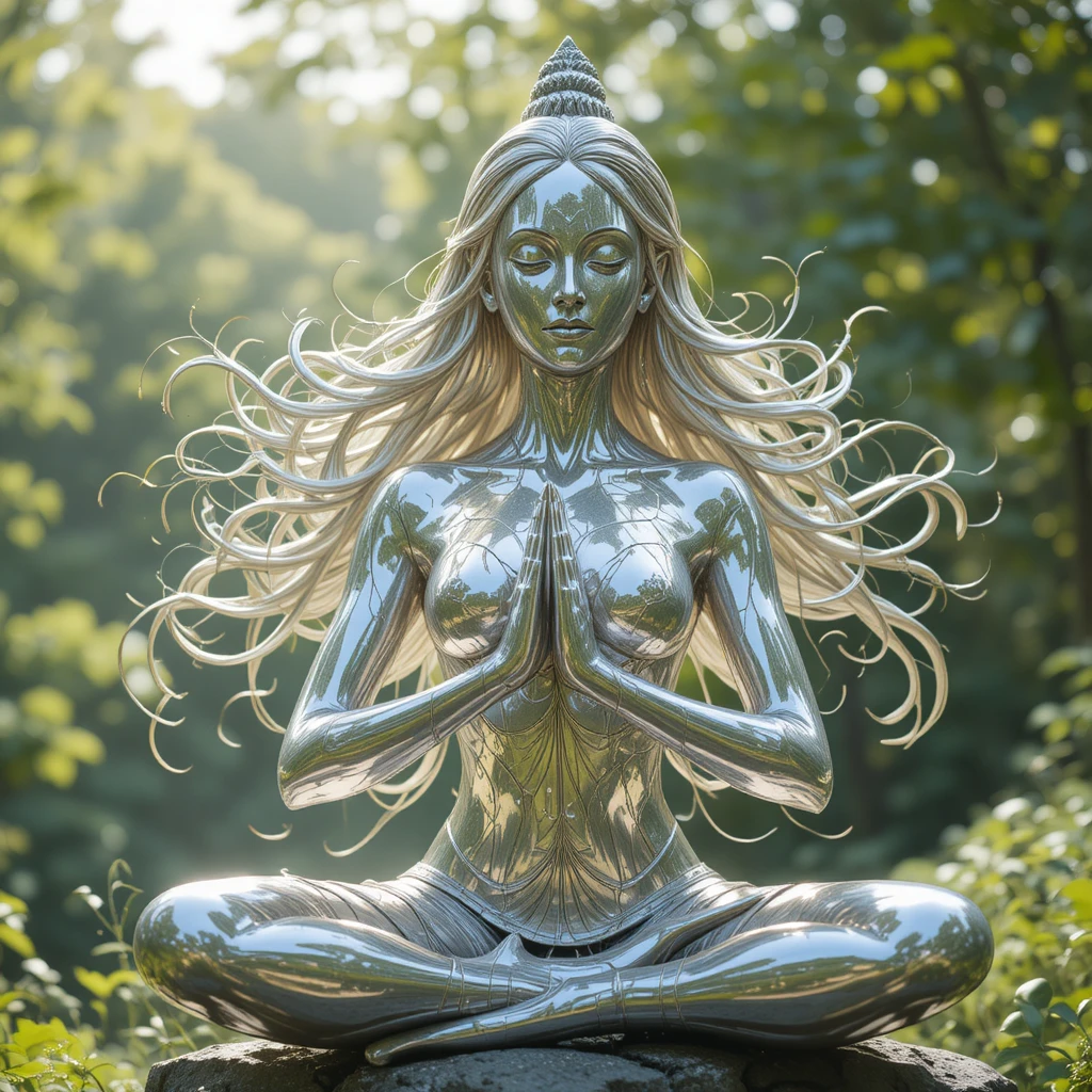 Silver statue of a long haired girl in yoga pose outdoors