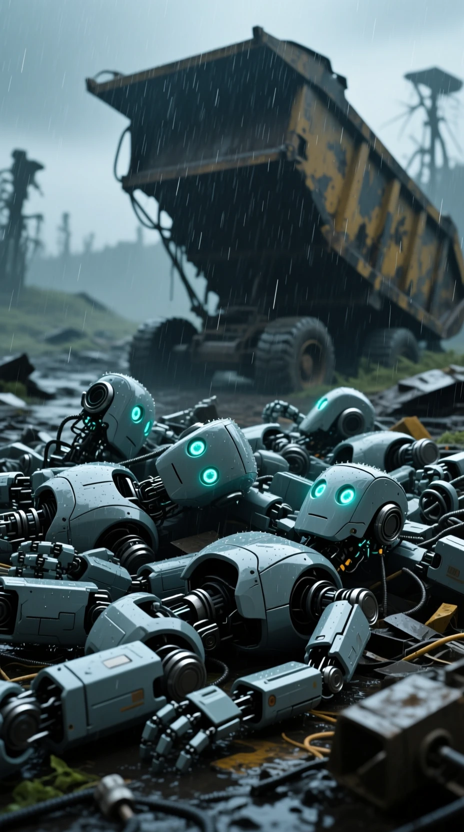 Mucchio di robot rotti che brillano in una rovina tempestosa