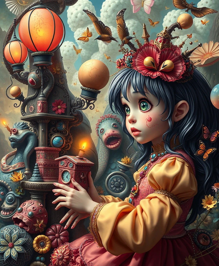 Paisagem onírica pop-surrealista lúdica que mistura fantasia e comédia