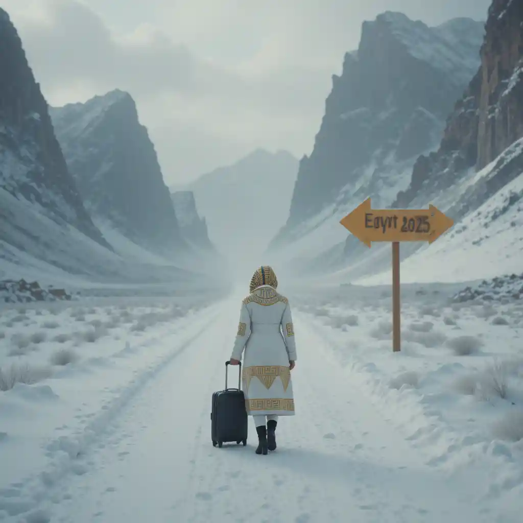 Woman on snowy mountain road toward Egypt 2026 sign