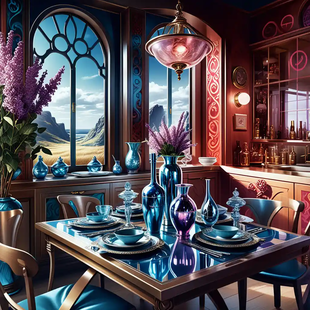 Glam kitchen solarium interior with blonde woman and lilacs