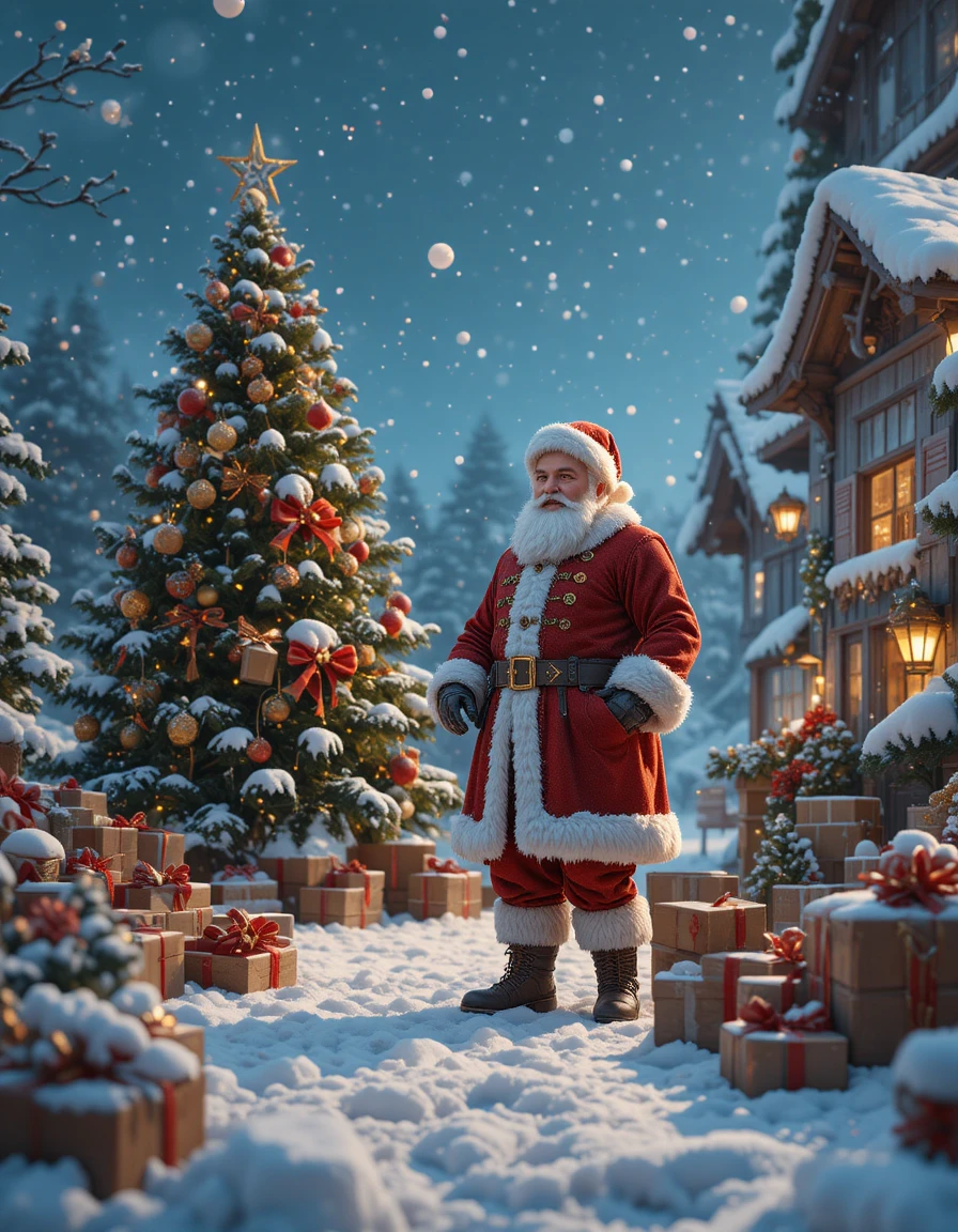 Homme debout près d’un traîneau de Noël sous la neige