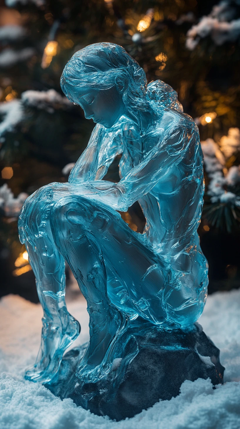 Blaue durchscheinende Menschenskulpturen neben einem festlichen Weihnachtsbaum
