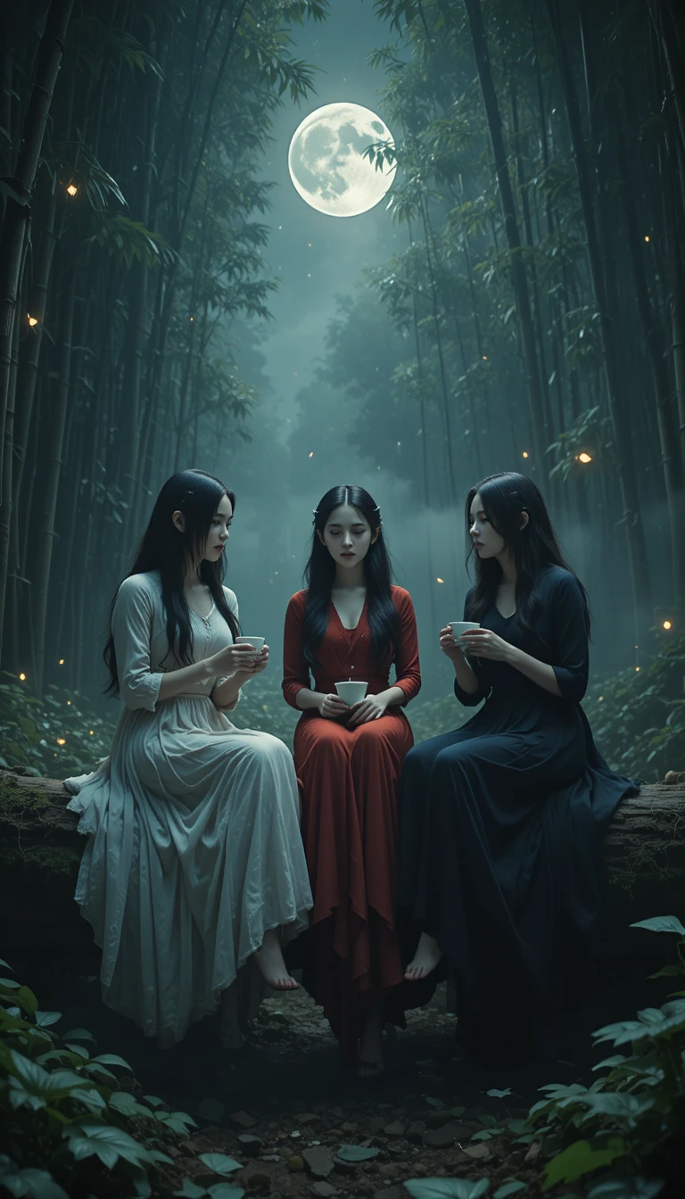 Three ghostly women sipping tea in a bamboo forest
