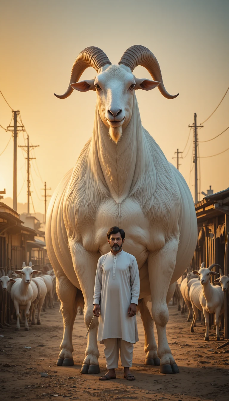 Giant white goat towering over man in livestock market