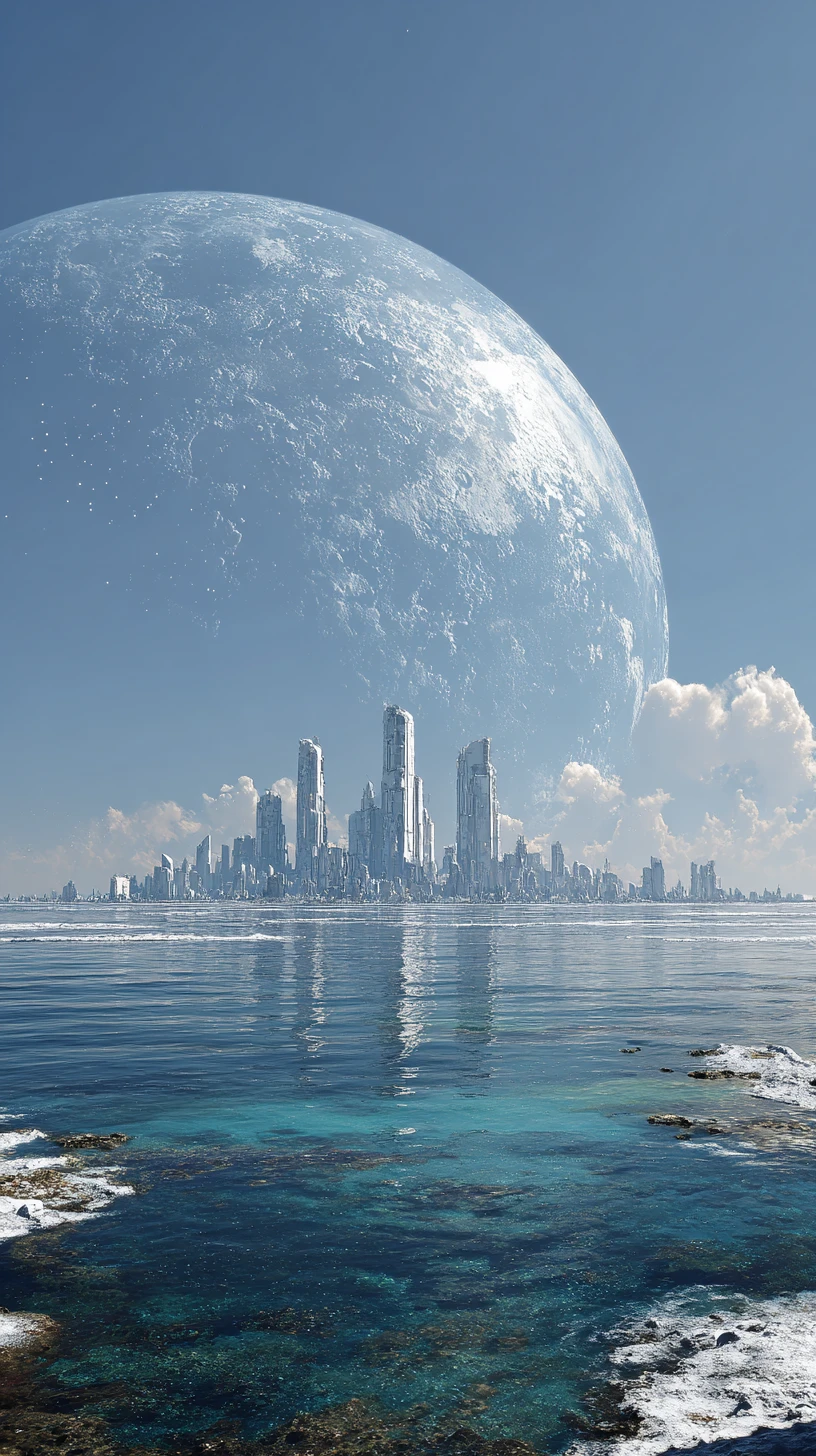 Cidade oceânica alienígena futurista sob um vasto céu galáctico