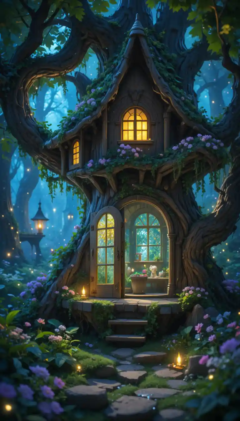Fairy In A Glowing Treehouse Filled With Soft Fairy Lights