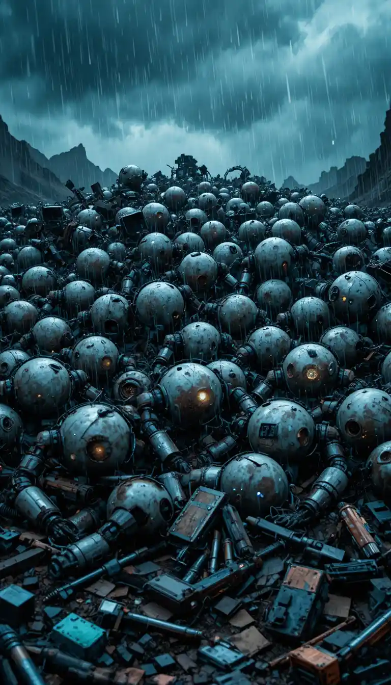 Broken robots lying in a pile under heavy rain