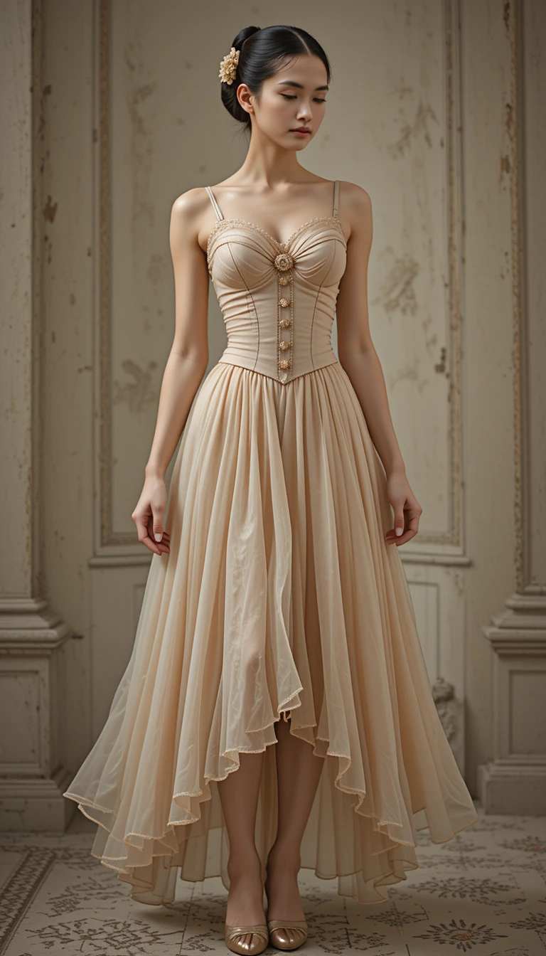 Ethereal champagne midi dress with corset bodice and sheer skirt