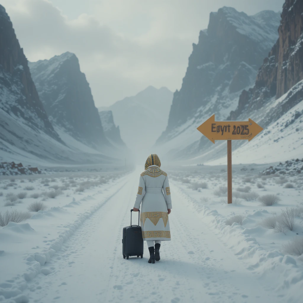 Woman on snowy mountain road toward Egypt 2026 sign
