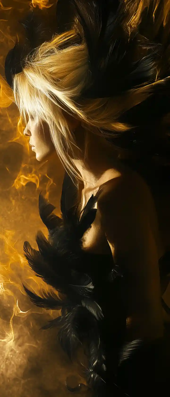 Blonde woman adorned with golden flowers and black feathers