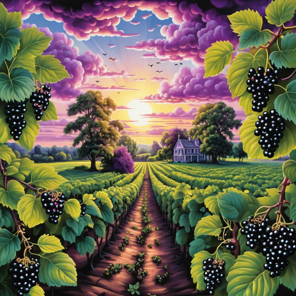 Lever de soleil surréaliste sur une plantation de cassis aux tons violets brillants