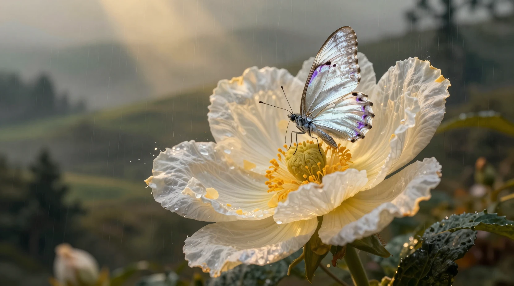 Fiore luminoso con farfalla argentata tra colline di foresta nebbiose