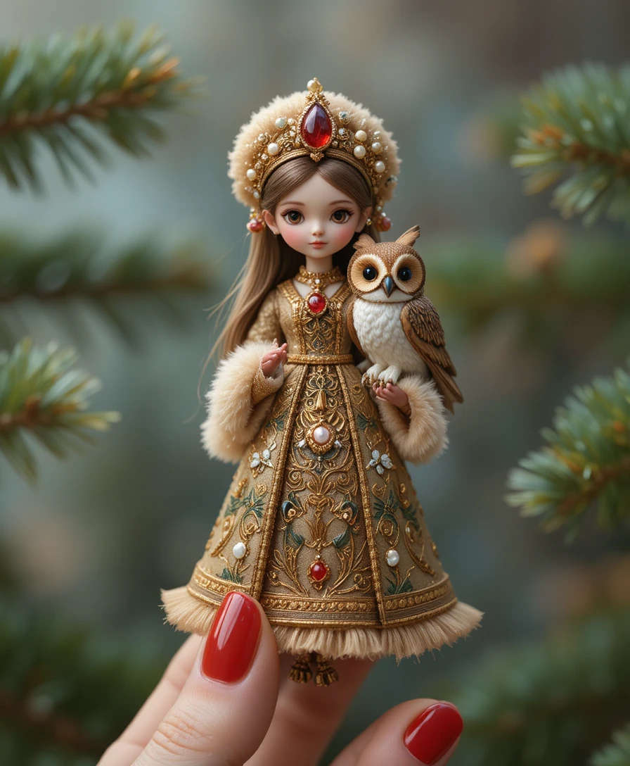 Miniature porcelain doll holding an owl on manicured fingers