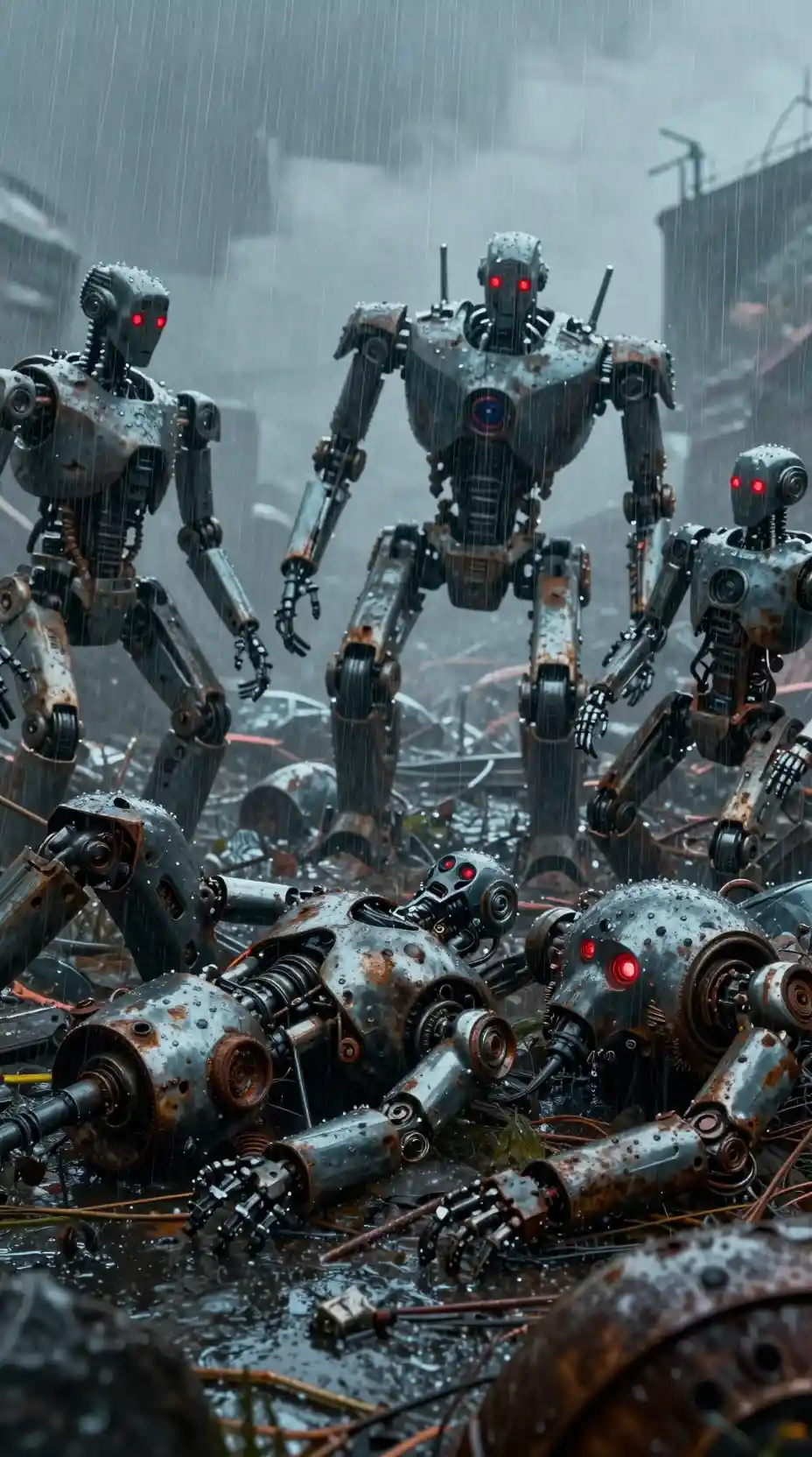 Dystopian robot graveyard under relentless pouring rain