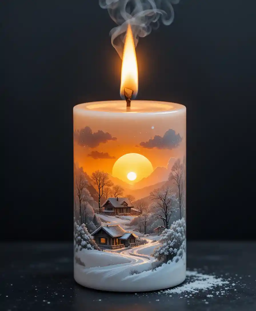 Vela Encendida con Ilustración de Atardecer Místico en un Pueblo