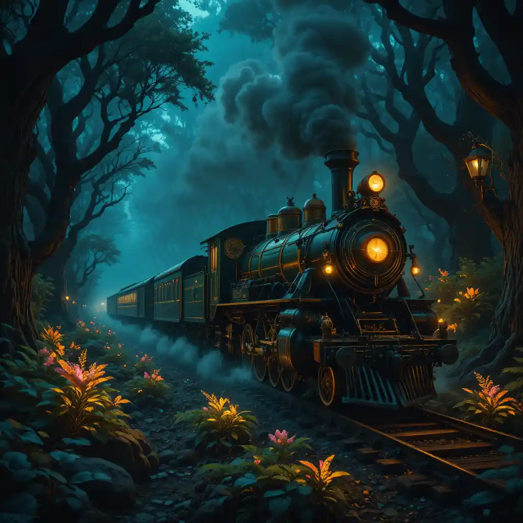 Vintage steam train in an enchanted glowing forest at midnight