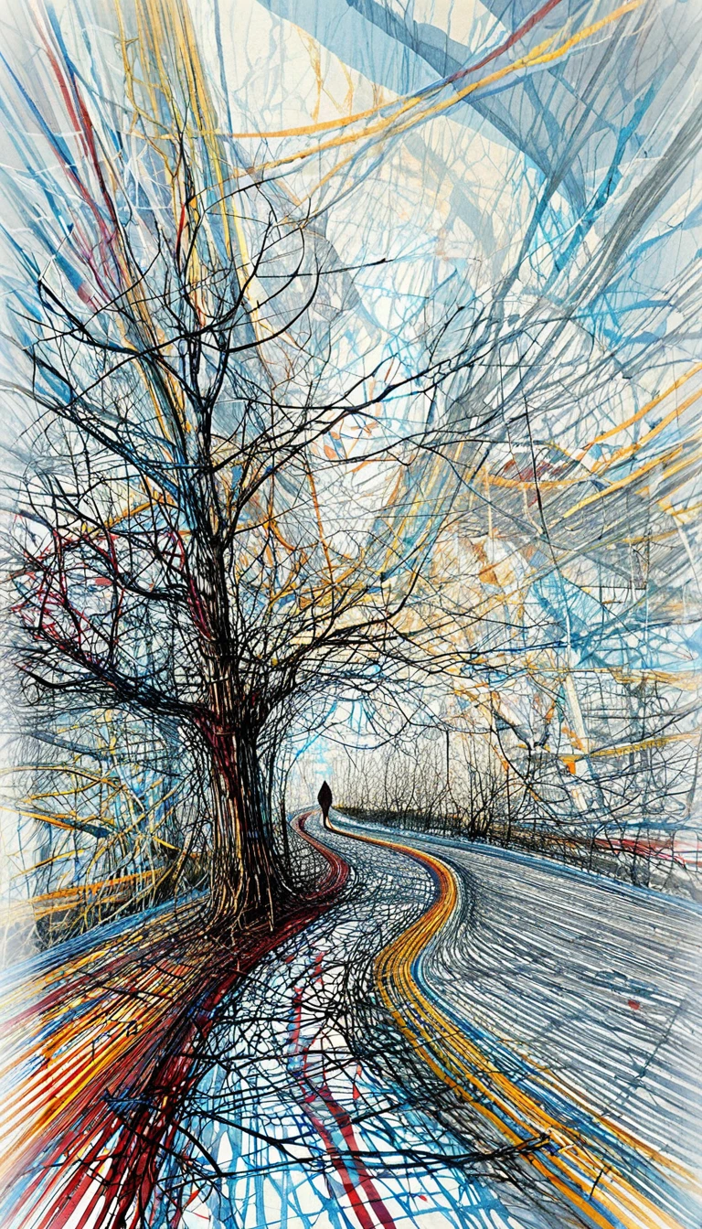 Árvore abstrata em linha e caminho sinuoso até uma figura solitária
