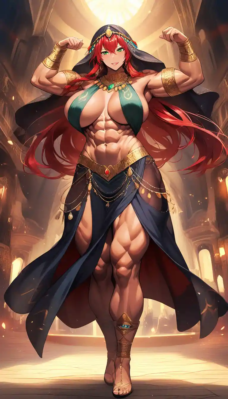 Tall amazonian woman dancing in dark harem attire