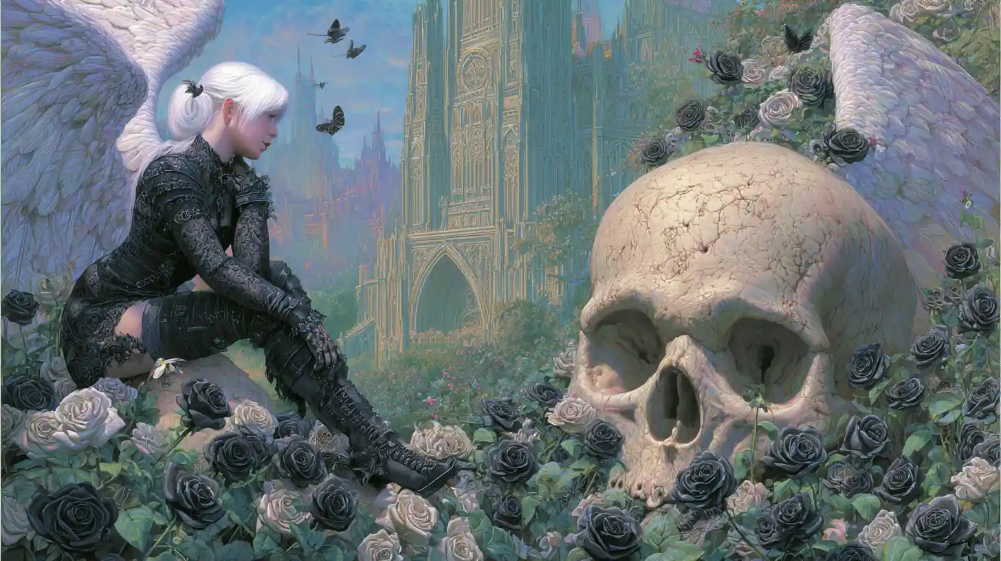 Dark angel woman on skull in gothic rose garden