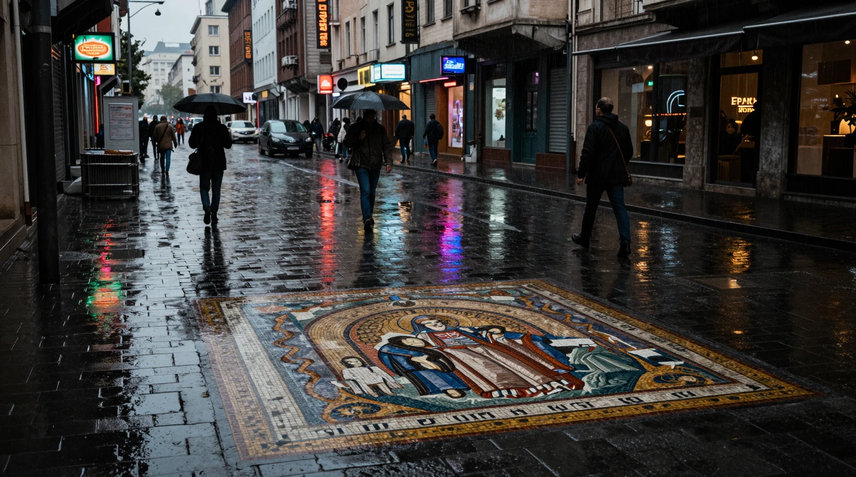 Nasse Stadtstraßen-Reflexionen in stimmungsvoller, cineastischer Nachtszene