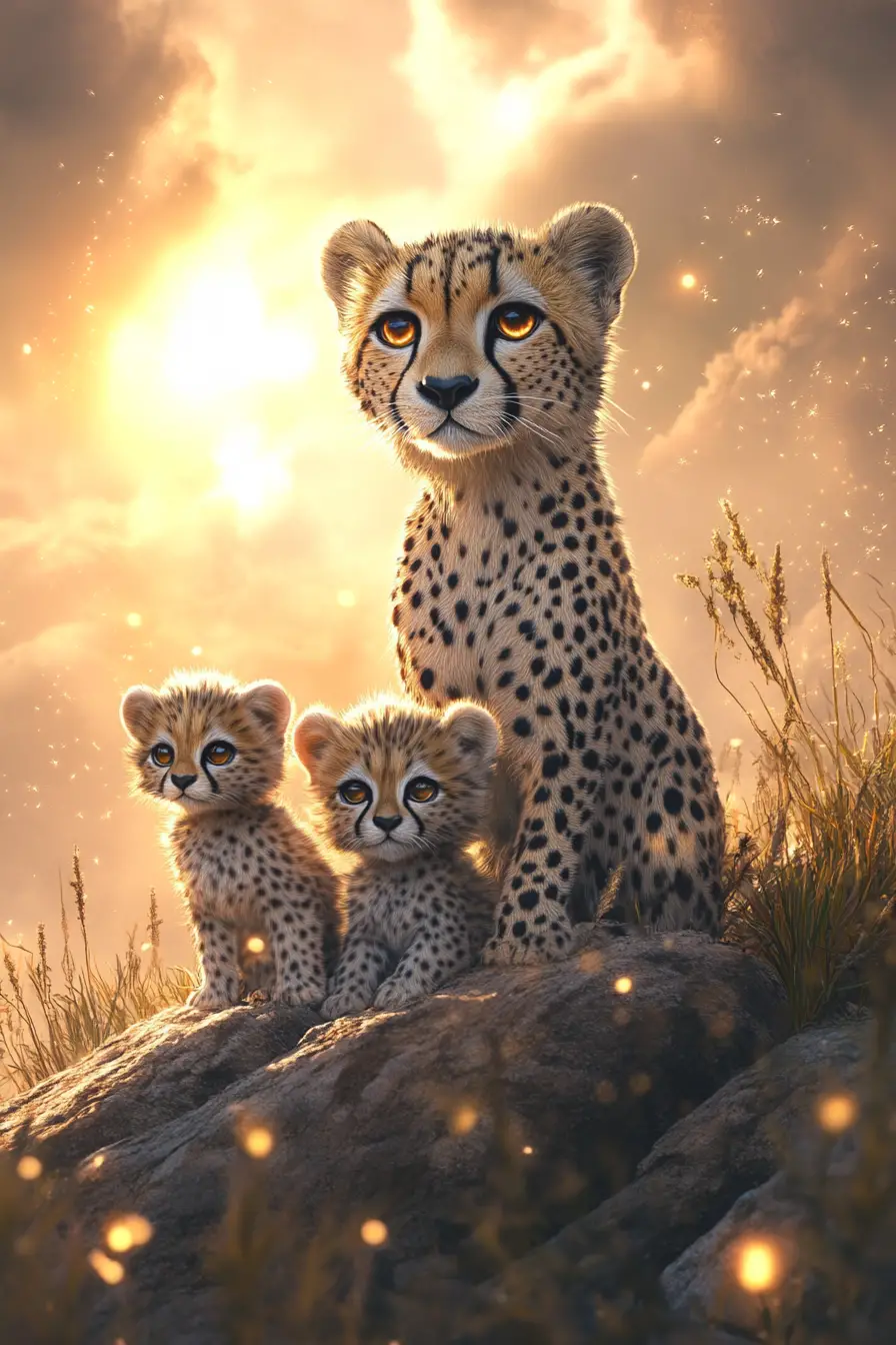 Mère guépard observant ses petits joueurs dans la savane ensoleillée