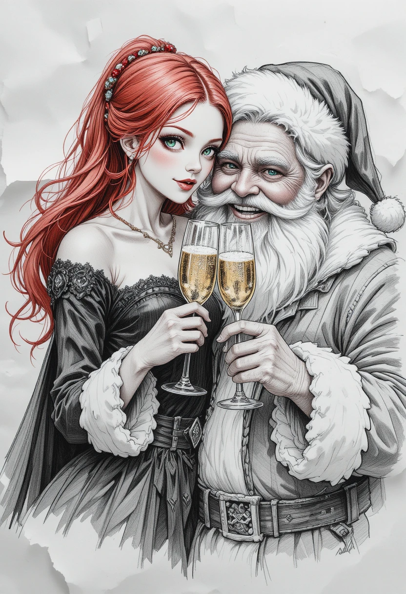 Mulher vampira abraçando o Papai Noel com champanhe