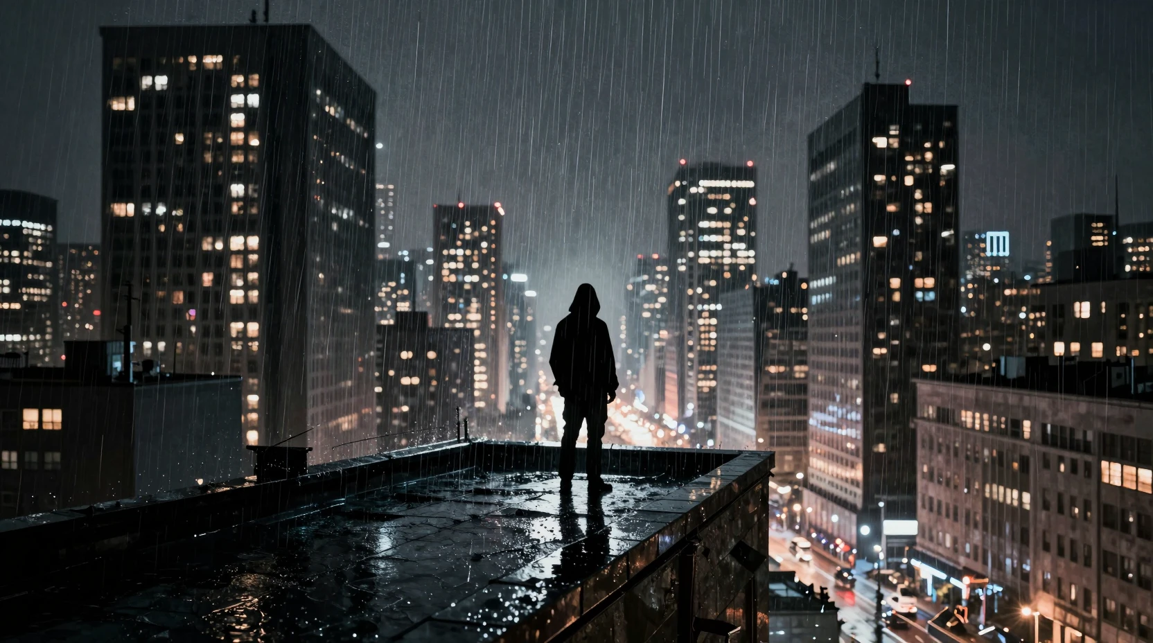 Cloaked figure on rooftop above rainy neon cityscape