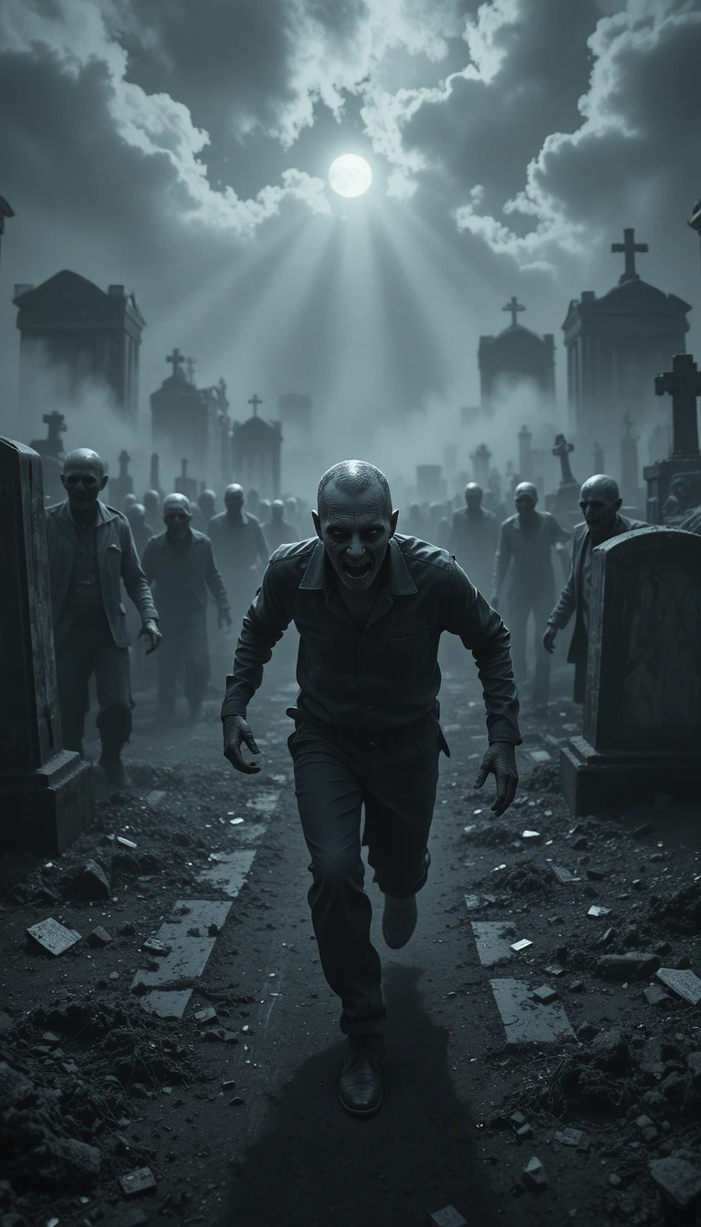 Mann flieht vor Zombies auf nebligem Nachtfriedhof aus Ich-Perspektive