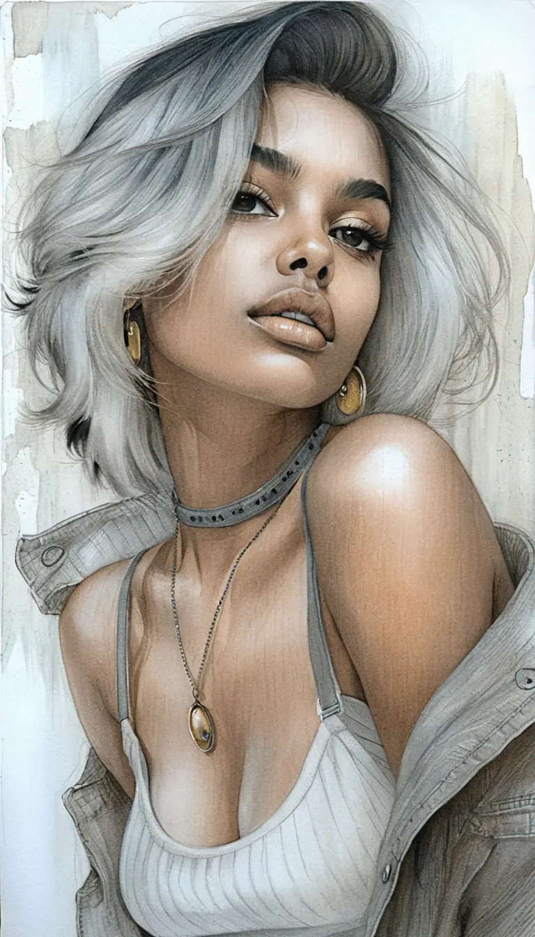 Sensual graphite portrait of young woman in denim jacket