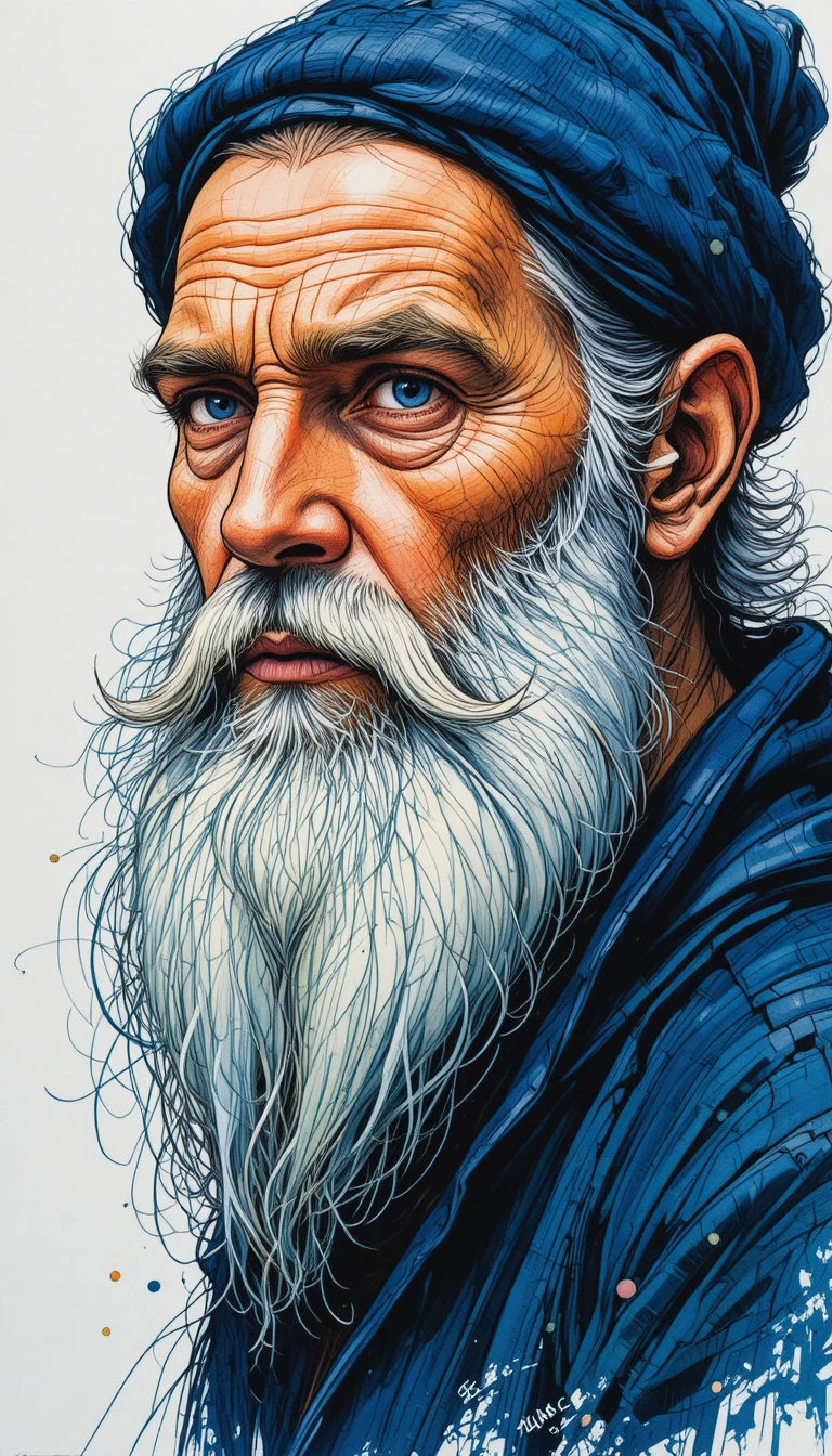 Retrato em tinta e aquarela de senhor barbudo com boné azul