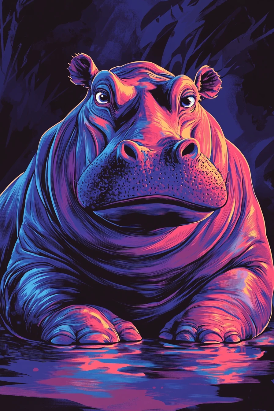 Hippo comique et espiègle aux yeux immenses en style graphique audacieux
