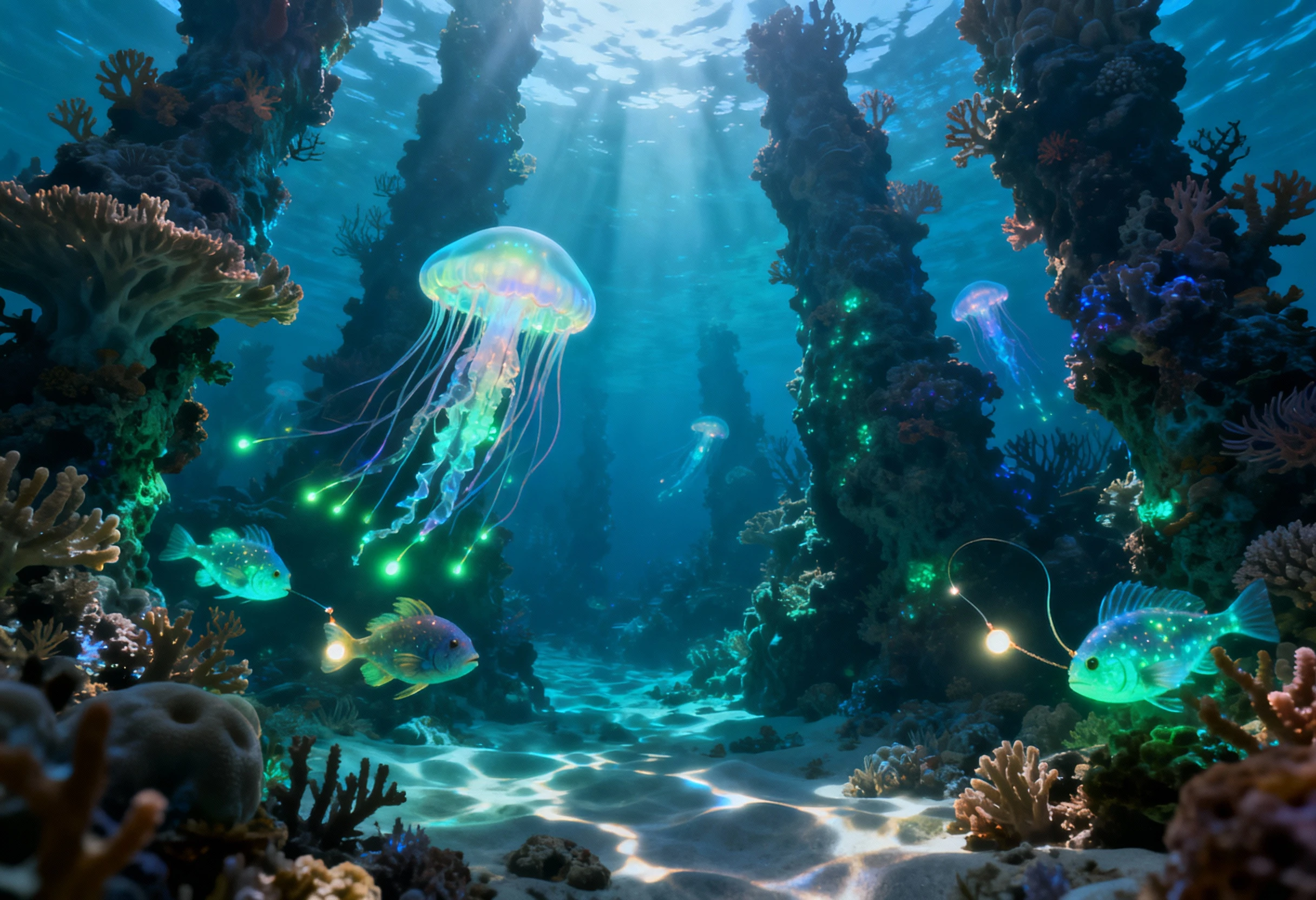 Cidade subaquática fantástica de criaturas bioluminescentes brilhantes