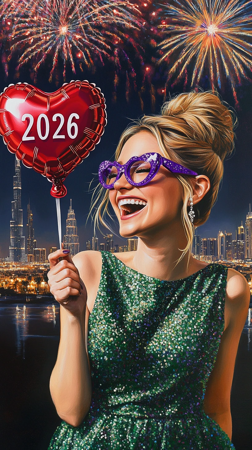 Femme riant avec un ballon en forme de cœur au-dessus des feux d’artifice de Dubaï