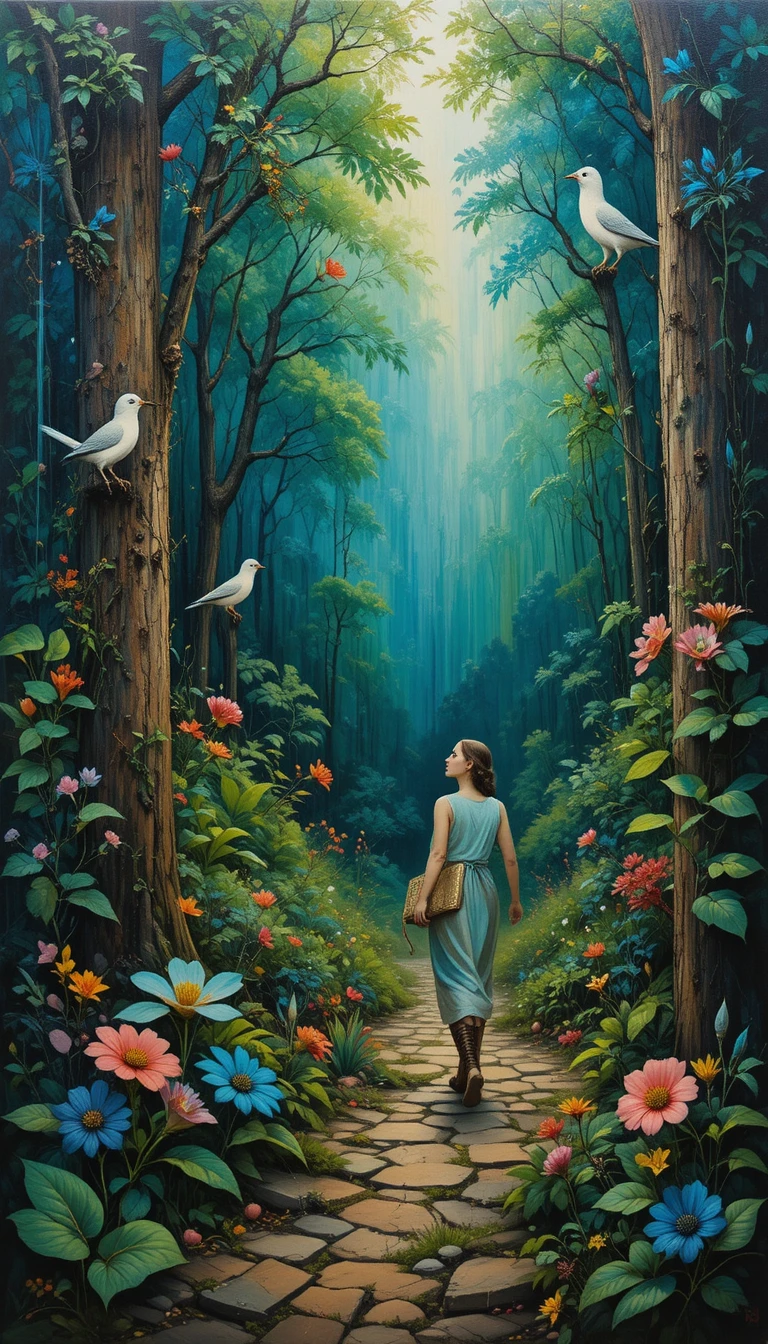 Donna che cammina in una foresta verde in un dipinto mixed media