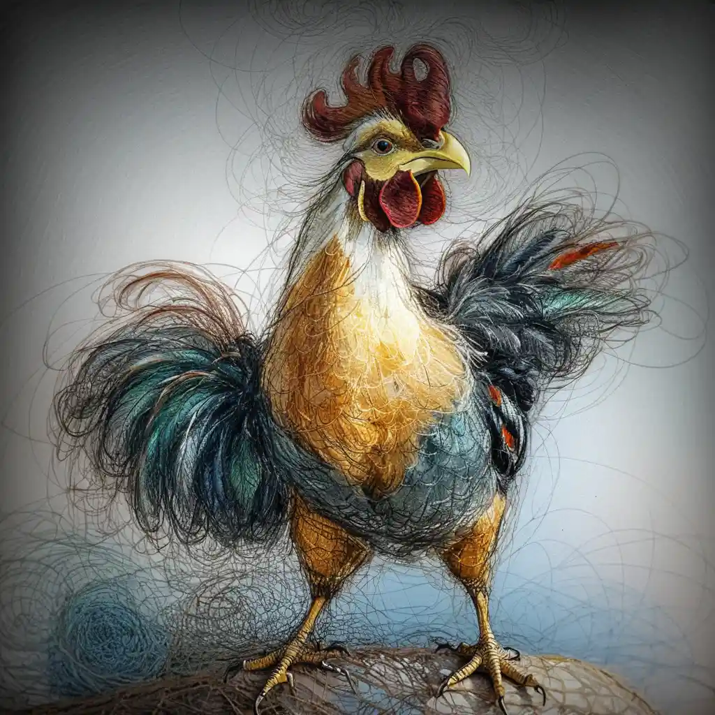 Gallo antropomórfico melancólico caminando en ilustración a tinta