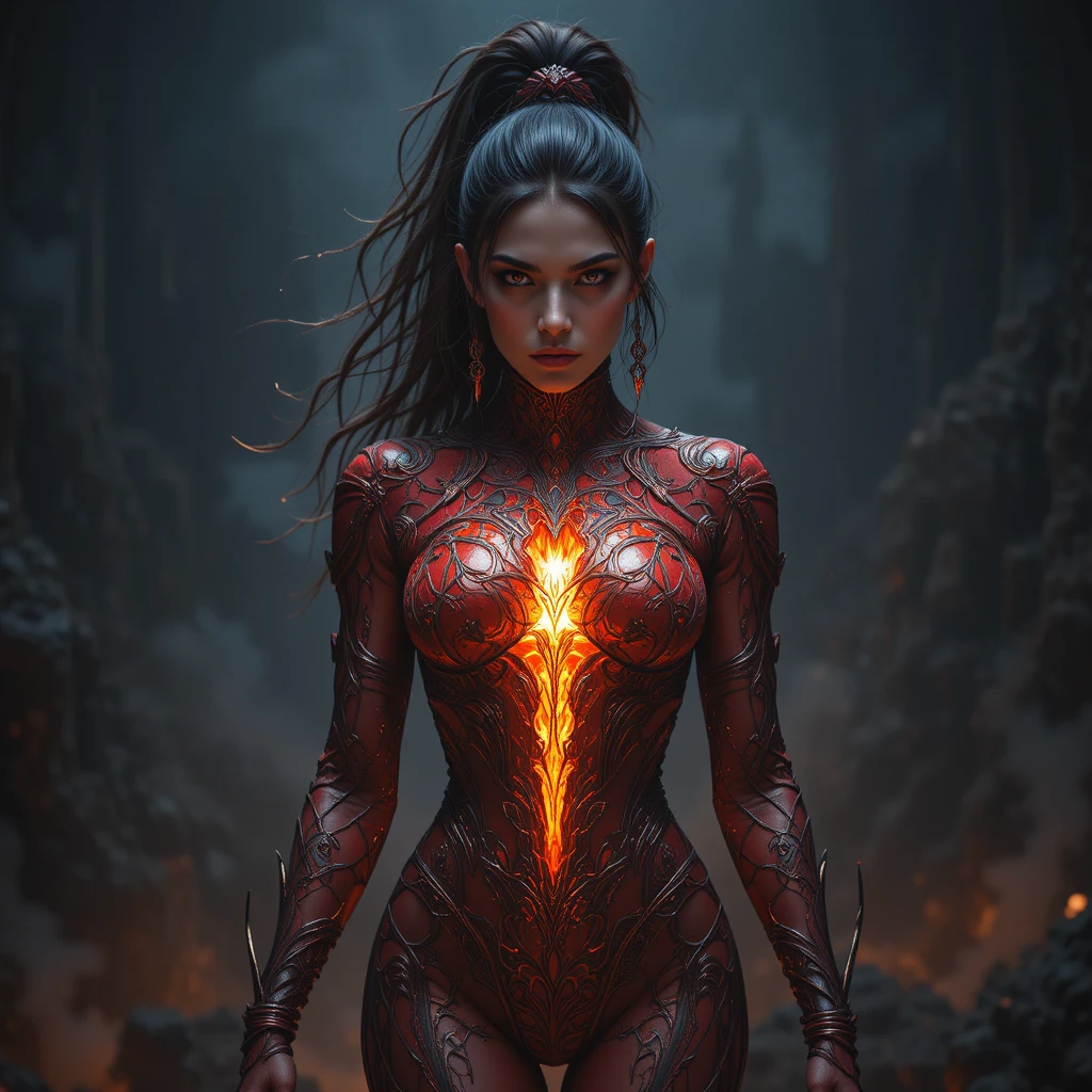 Dark fantasy woman with molten core armor in smoky void
