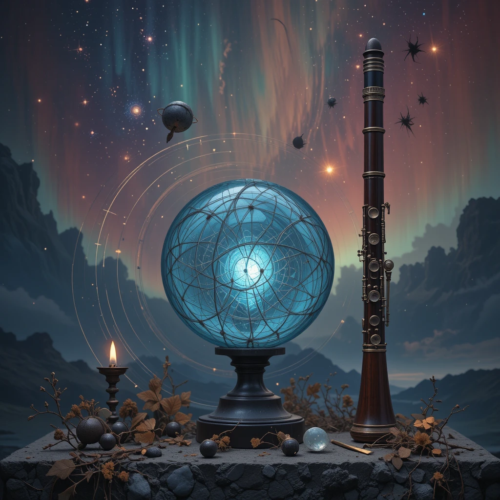 Esfera brilhante com palheta vintage em espaço cósmico abstrato