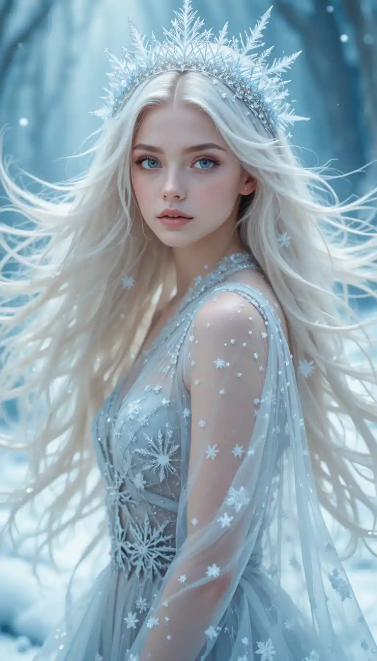 Chica rubia soñadora con corona helada en aura invernal